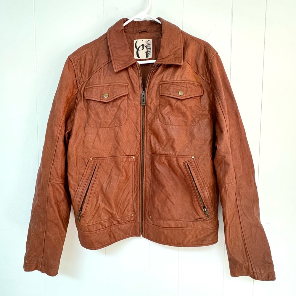 🔥Guess VTG Leather Bomber Jacket Tan Real Genuine Vintage S Men’s